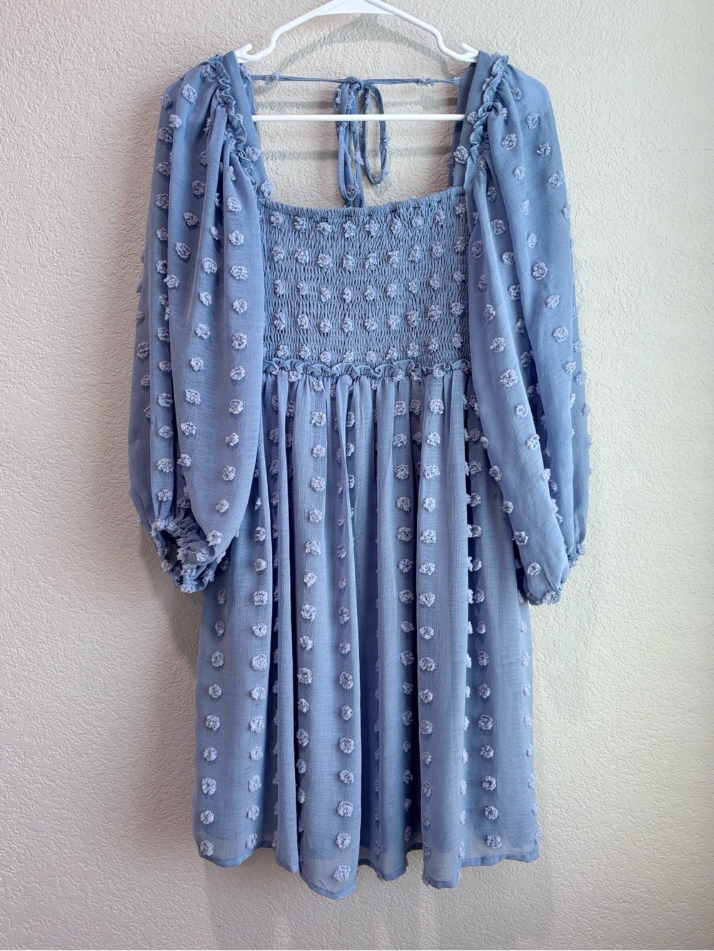 Listicle Dot Smocked Textured Square Neck Chiffon Mini Dress Blue Size Medium